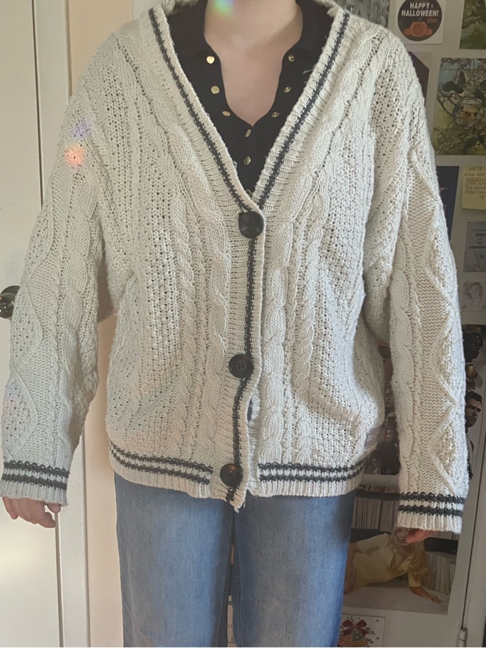 Taylor Swift Folklore Ivory Cable Knit Cardigan with Black Trim
